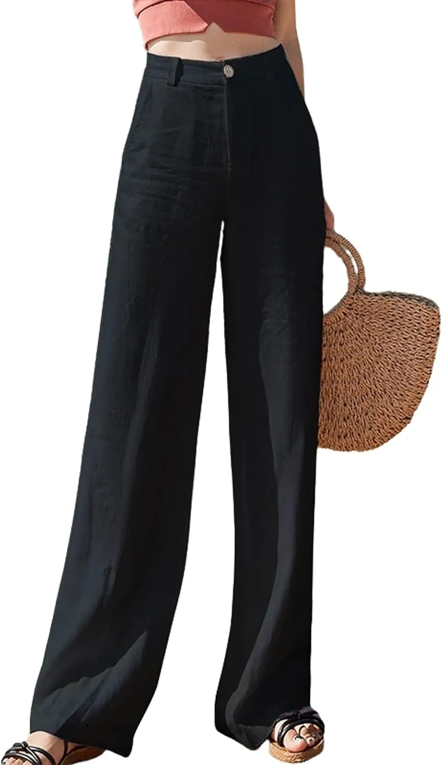 Womens Casual High Waist Pants Cotton Linen Wide Leg Pants Botton Up Palazzo Trousers