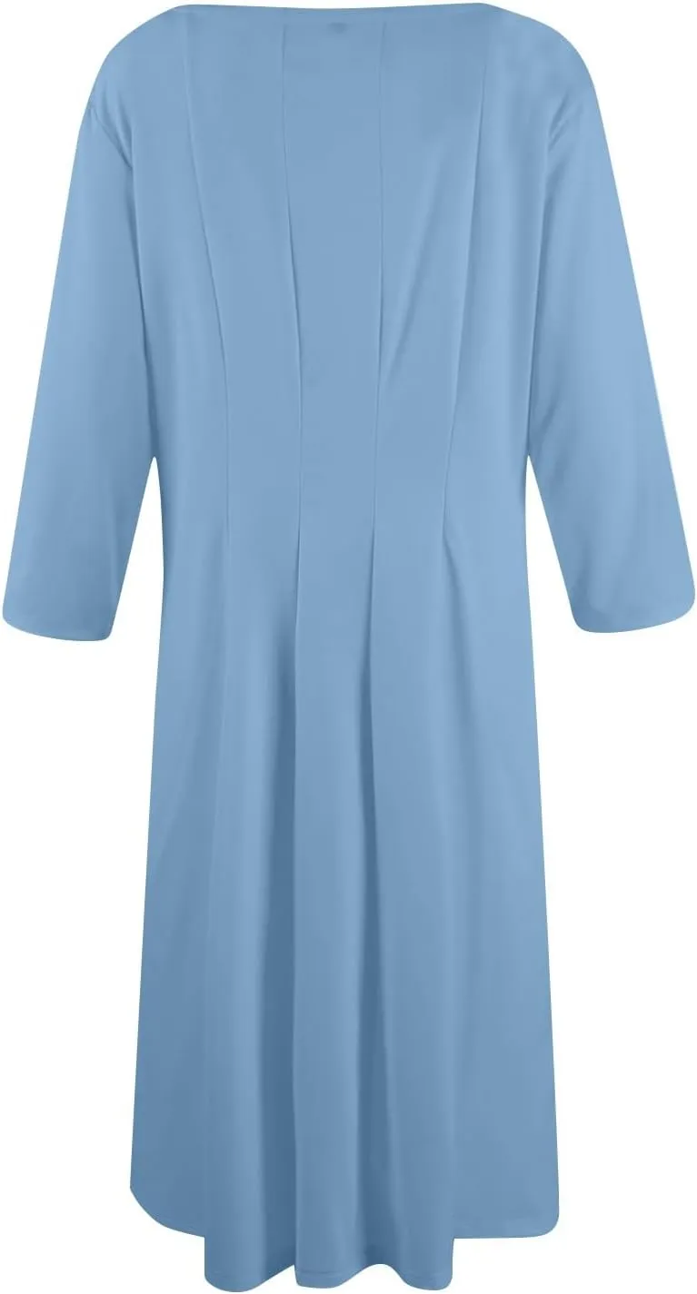 Womens Casual Midi Solid Color Dress A Line 3/4 Sleeve Tunic Dresses Pleated Crew Neck Fashion Loose Fit Wrap Dress
