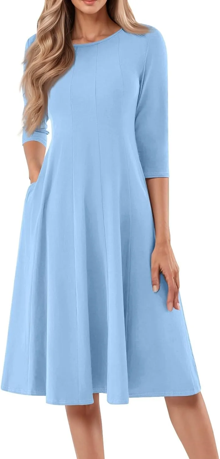 Womens Casual Midi Solid Color Dress A Line 3/4 Sleeve Tunic Dresses Pleated Crew Neck Fashion Loose Fit Wrap Dress