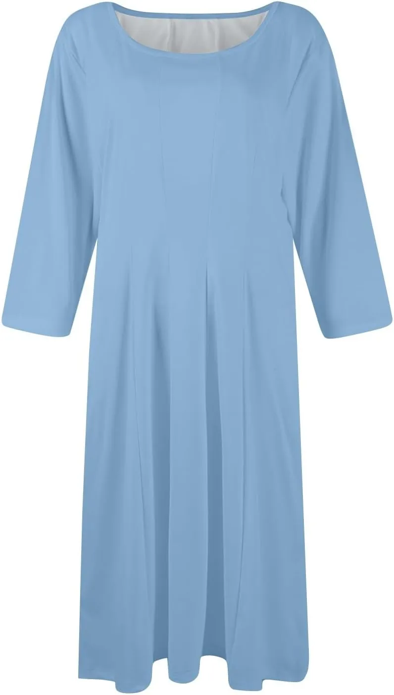 Womens Casual Midi Solid Color Dress A Line 3/4 Sleeve Tunic Dresses Pleated Crew Neck Fashion Loose Fit Wrap Dress