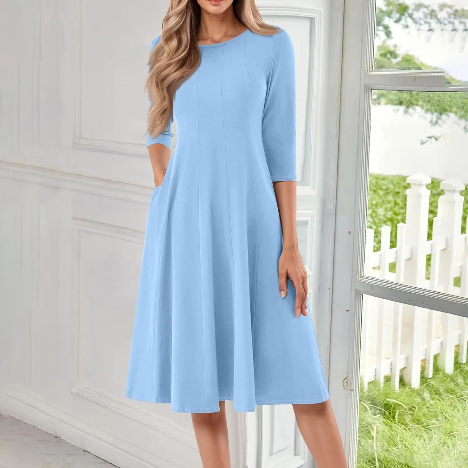Womens Casual Midi Solid Color Dress A Line 3/4 Sleeve Tunic Dresses Pleated Crew Neck Fashion Loose Fit Wrap Dress