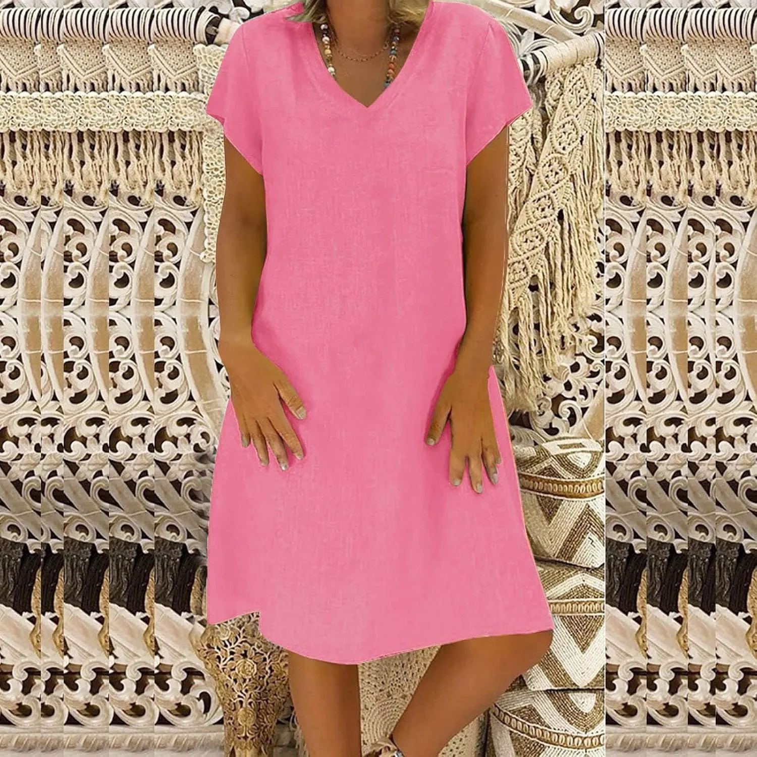 Womens Cotton Linen Midi Dress Casual Summer Tshirt Dresses Short Sleeve V Neck Short Dress Flowy Beach Sundress