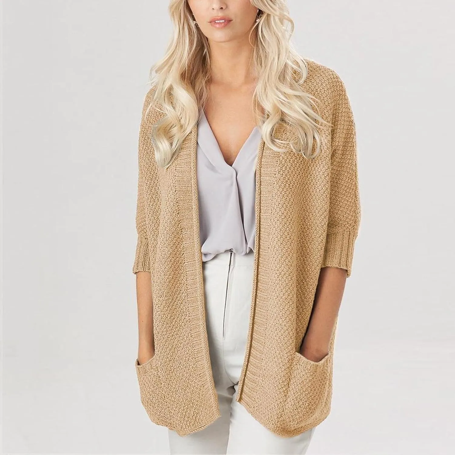 Women's Half Sleeve Cardigan Sweaters Oversized Open Front Chunky Knit Outwear Casual Soft Solid Coat with Pockets