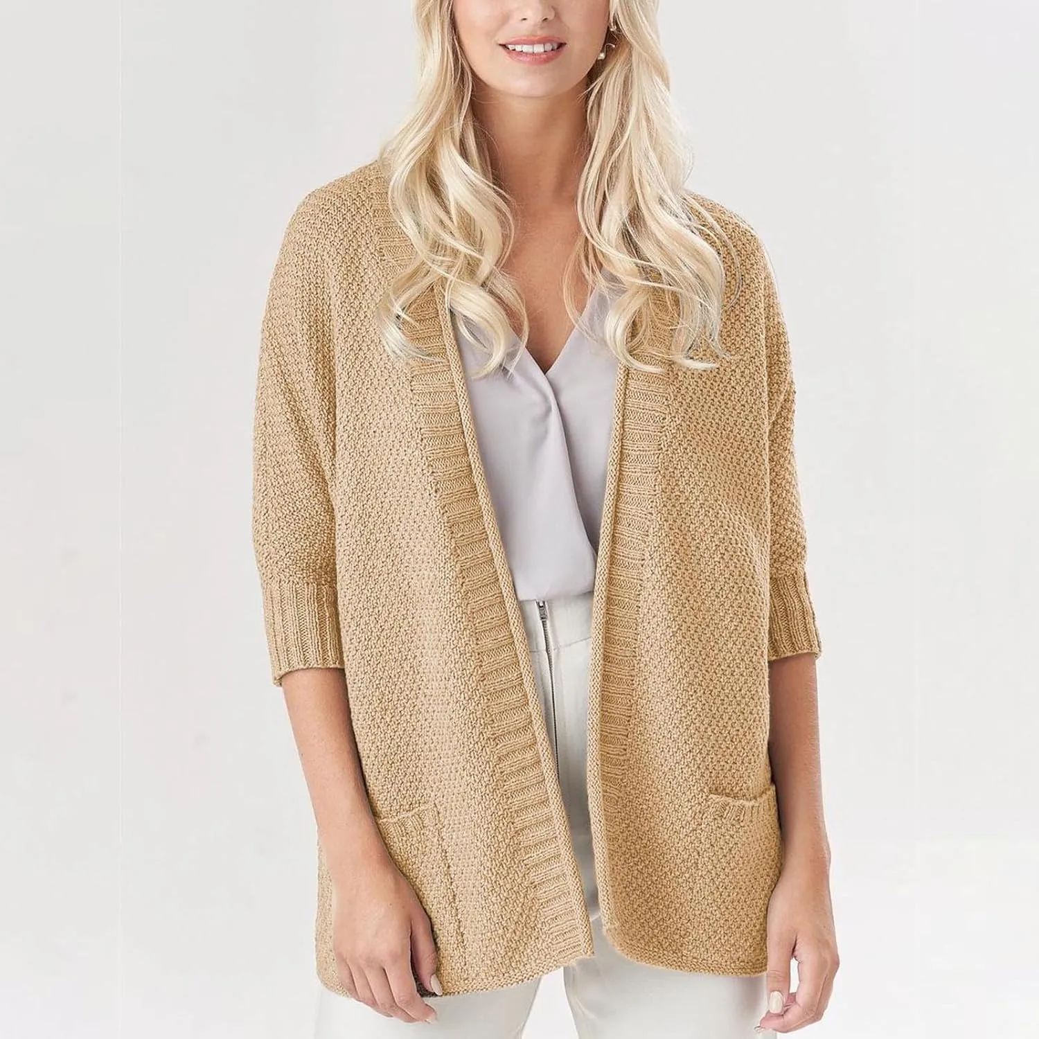 Women's Half Sleeve Cardigan Sweaters Oversized Open Front Chunky Knit Outwear Casual Soft Solid Coat with Pockets