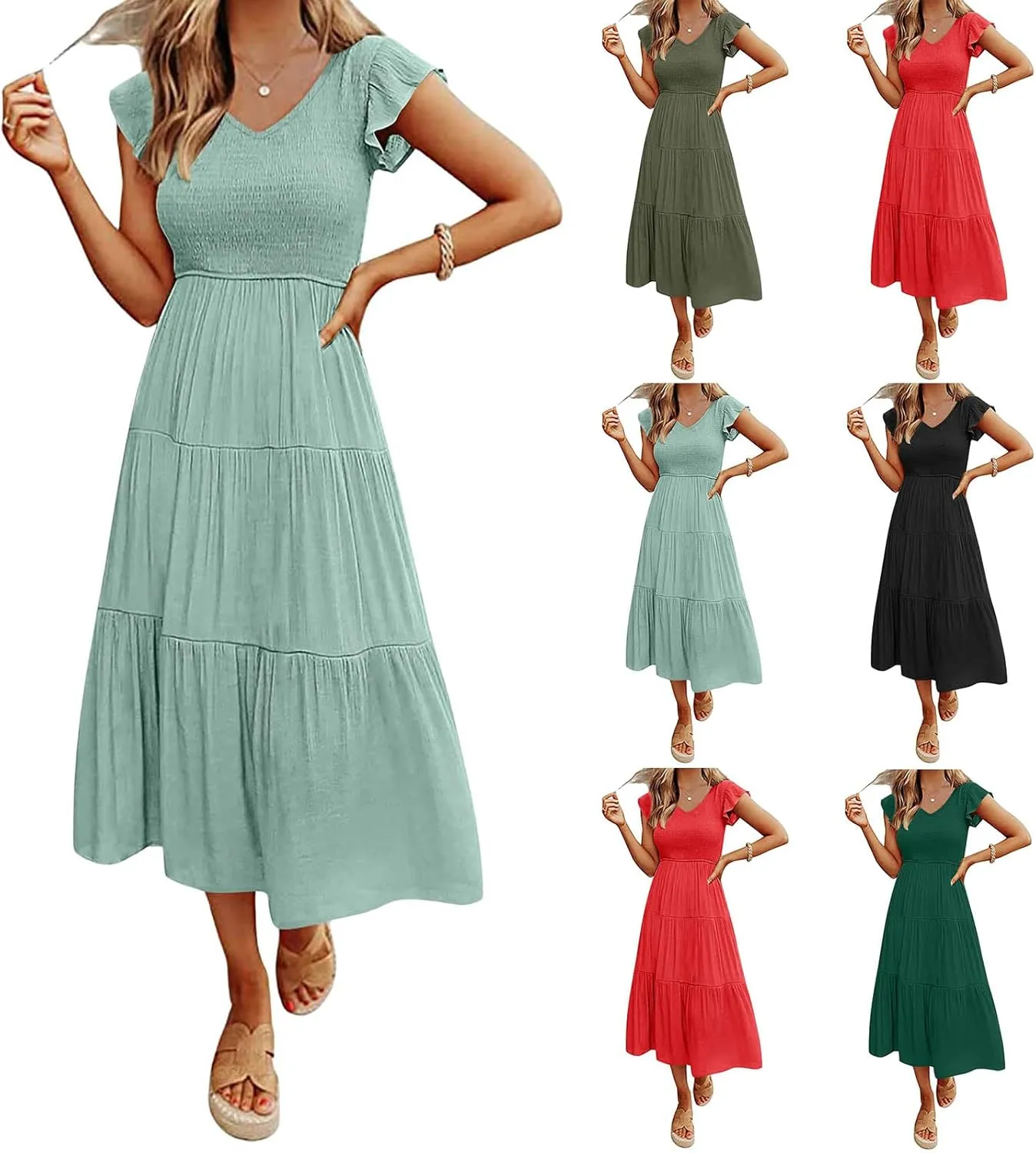 Womens Smocked Midi Dress Flutter Sleeve V Neck Casual Tiered Dresses Boho Beach Vacation Sundress