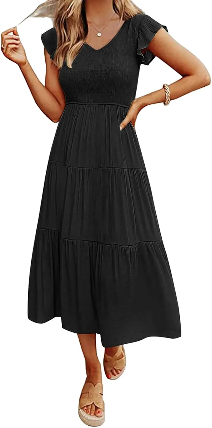 Womens Smocked Midi Dress Flutter Sleeve V Neck Casual Tiered Dresses Boho Beach Vacation Sundress