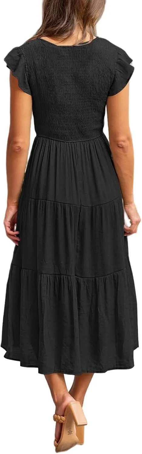 Womens Smocked Midi Dress Flutter Sleeve V Neck Casual Tiered Dresses Boho Beach Vacation Sundress
