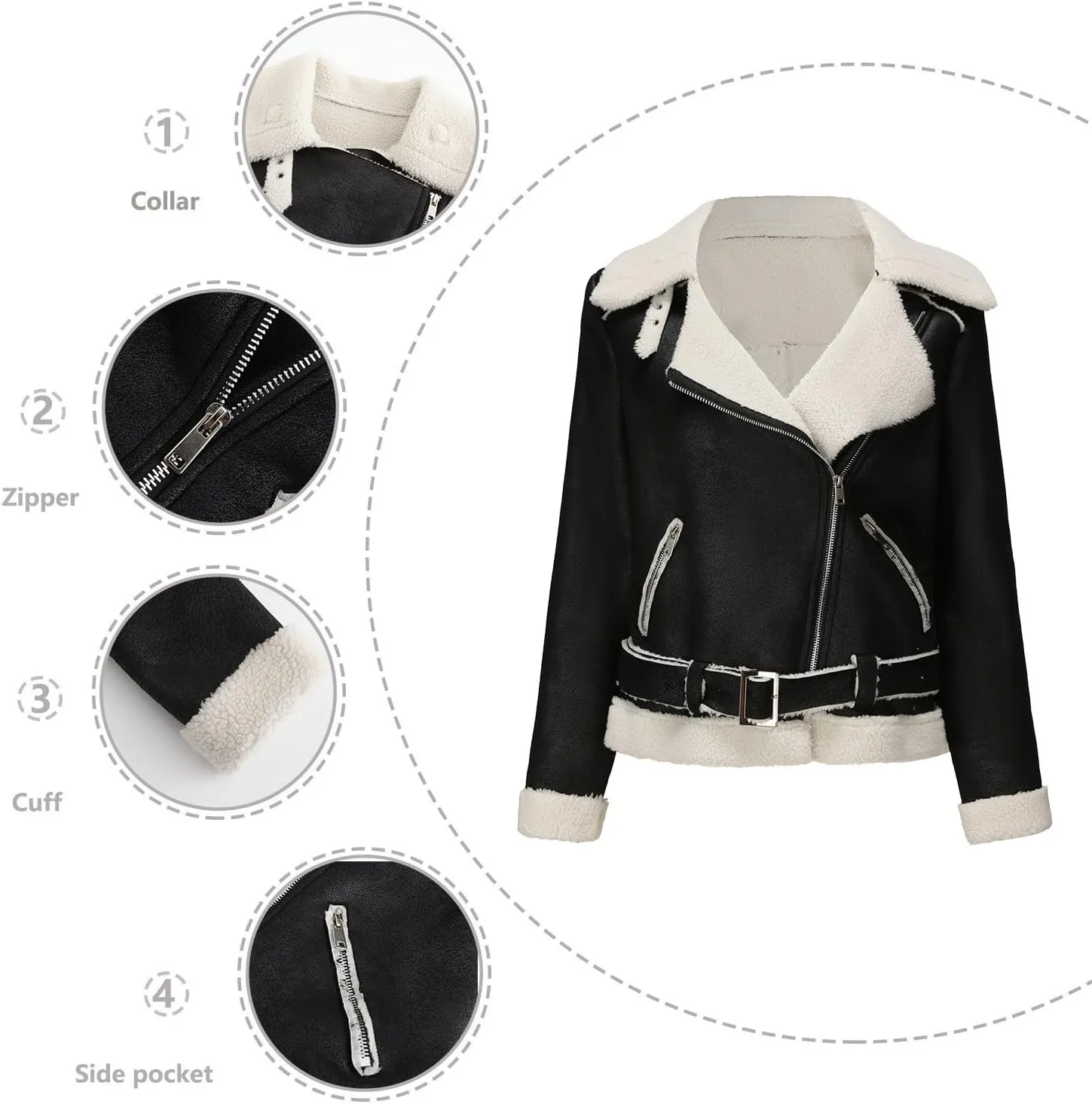 Womens Suede Faux Shearling Moto Bomber Jacket Sherpa Lined Lapel Coat Winter Faux Leather Coat Outerwear Overcoat
