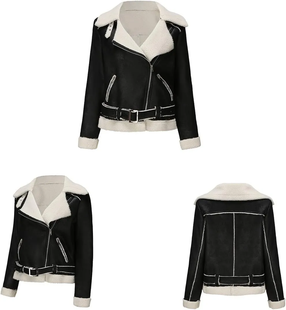 Womens Suede Faux Shearling Moto Bomber Jacket Sherpa Lined Lapel Coat Winter Faux Leather Coat Outerwear Overcoat