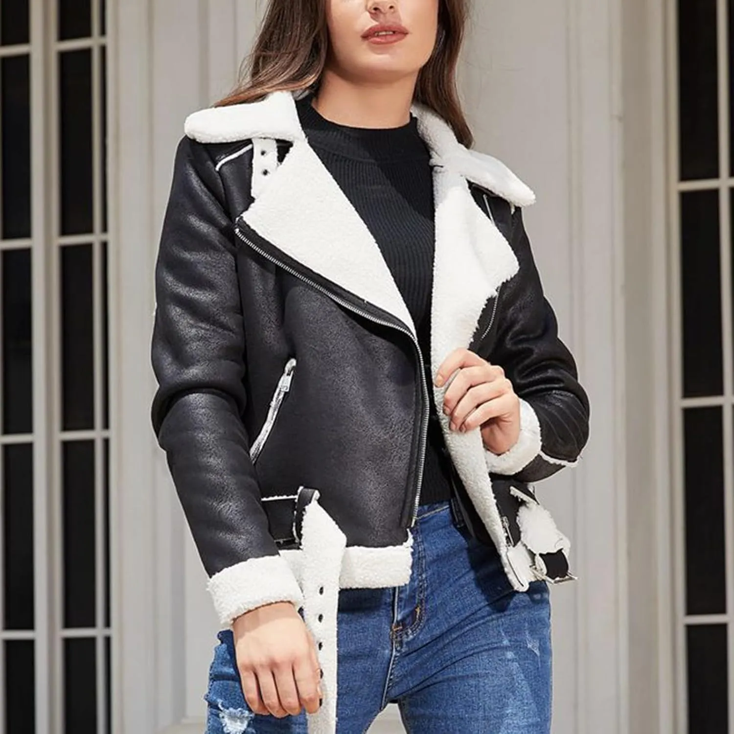 Womens Suede Faux Shearling Moto Bomber Jacket Sherpa Lined Lapel Coat Winter Faux Leather Coat Outerwear Overcoat
