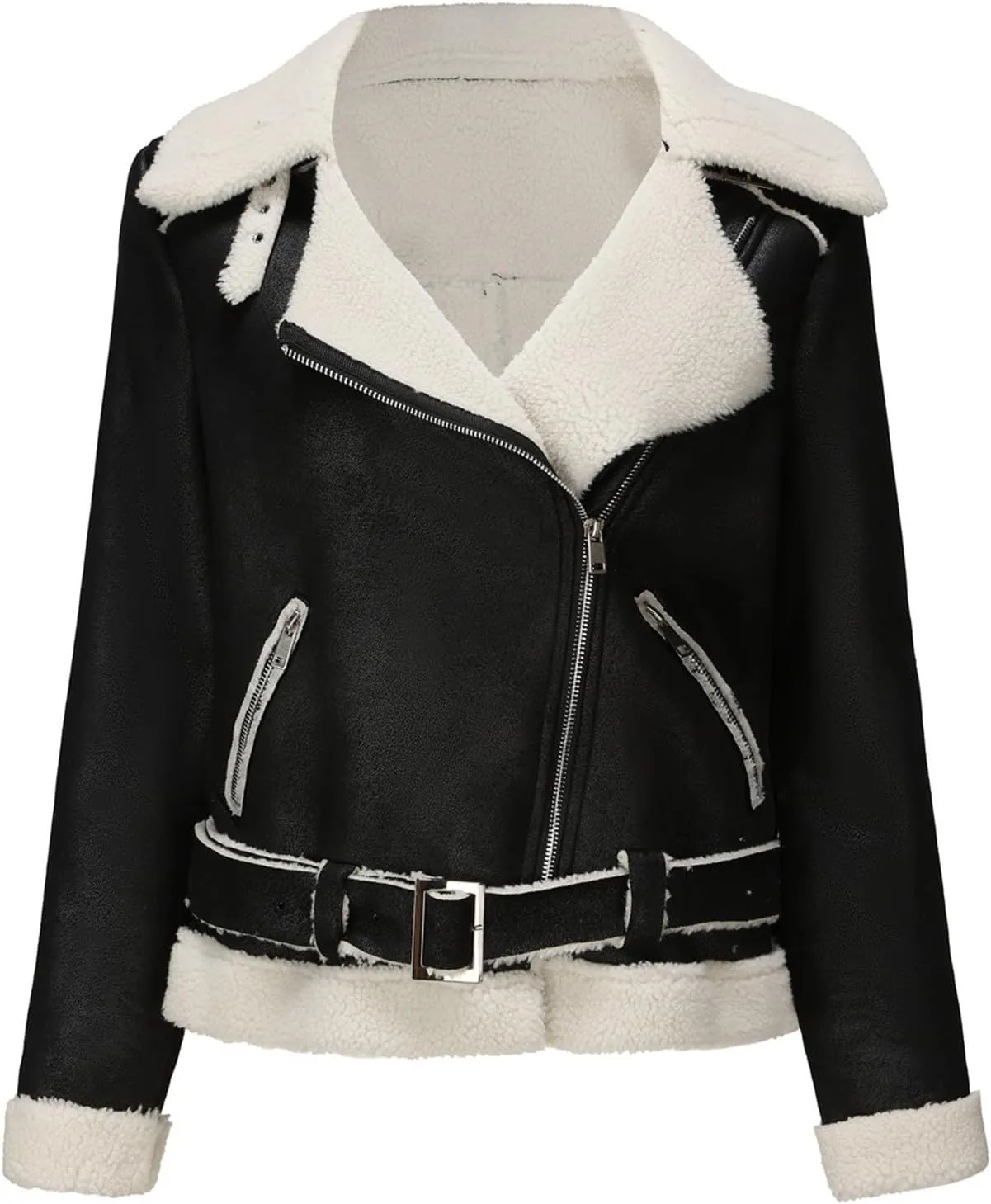 Womens Suede Faux Shearling Moto Bomber Jacket Sherpa Lined Lapel Coat Winter Faux Leather Coat Outerwear Overcoat