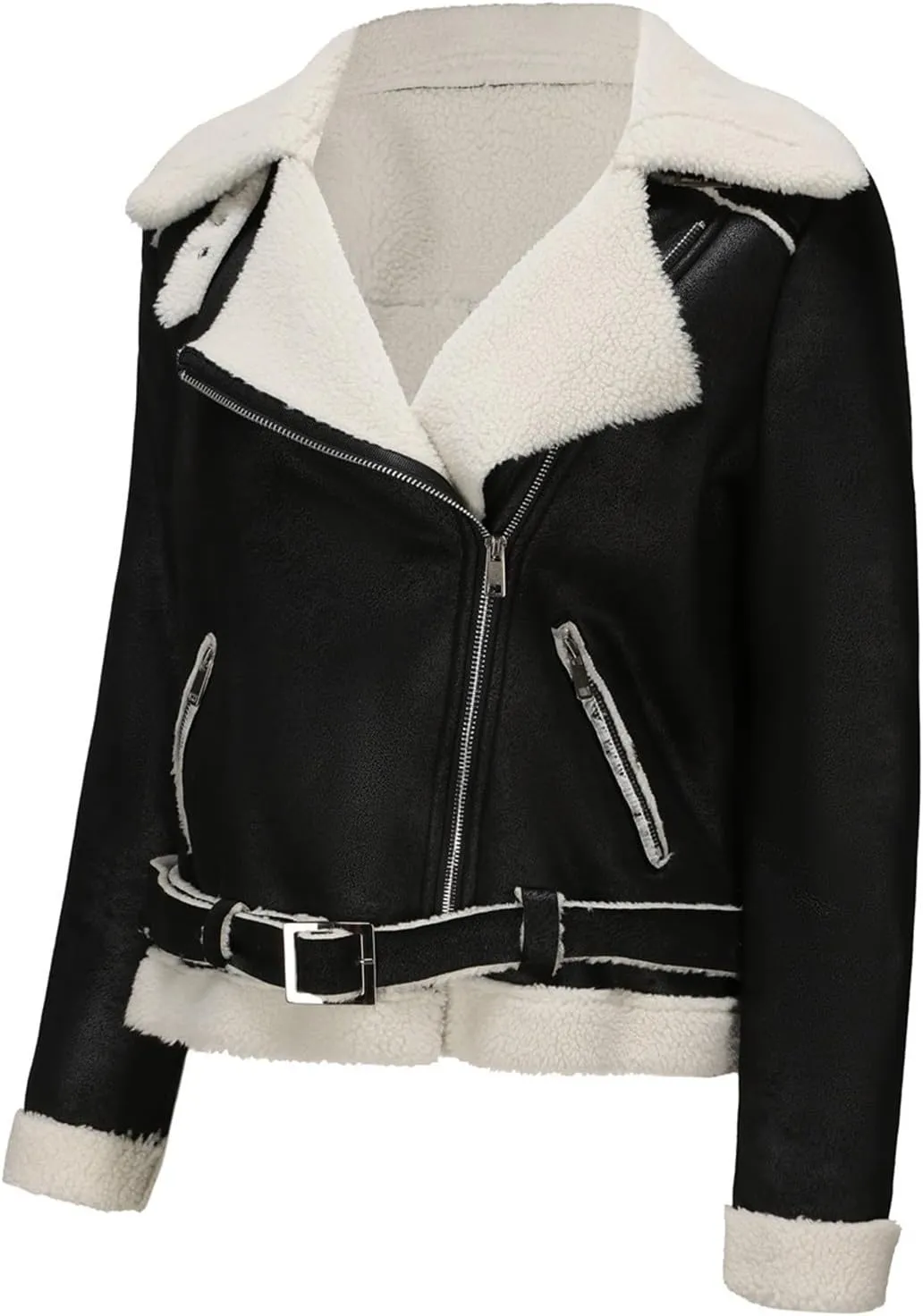 Womens Suede Faux Shearling Moto Bomber Jacket Sherpa Lined Lapel Coat Winter Faux Leather Coat Outerwear Overcoat