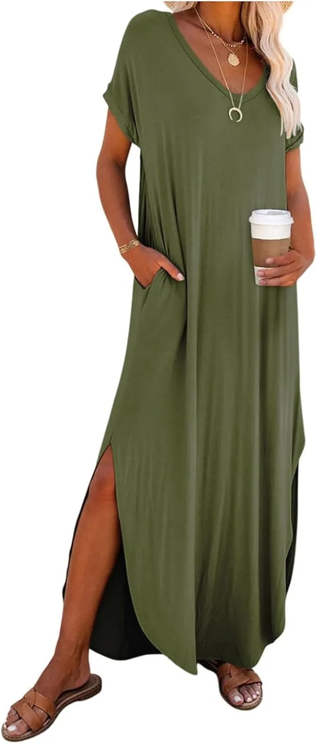 Womens Summer Maxi Dress Vacation Cruise Outfits Holiday Long Beach Dresses Short Sleeve Split Maxi Sundress