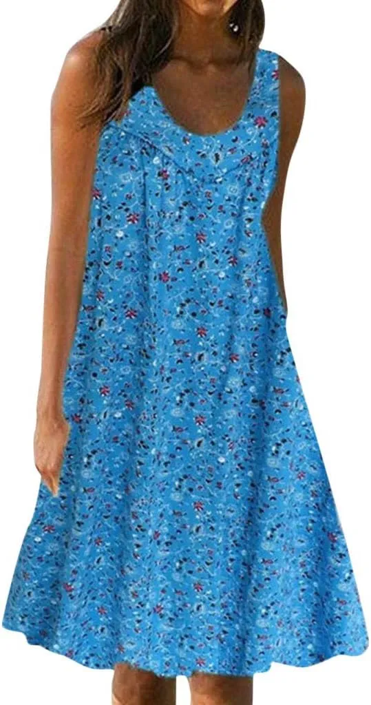 Womens Summer Sleeveless Minn Dress Women's Spring/Summer Flower Printed Casual Tank Top Pockets Beach Casual Dress