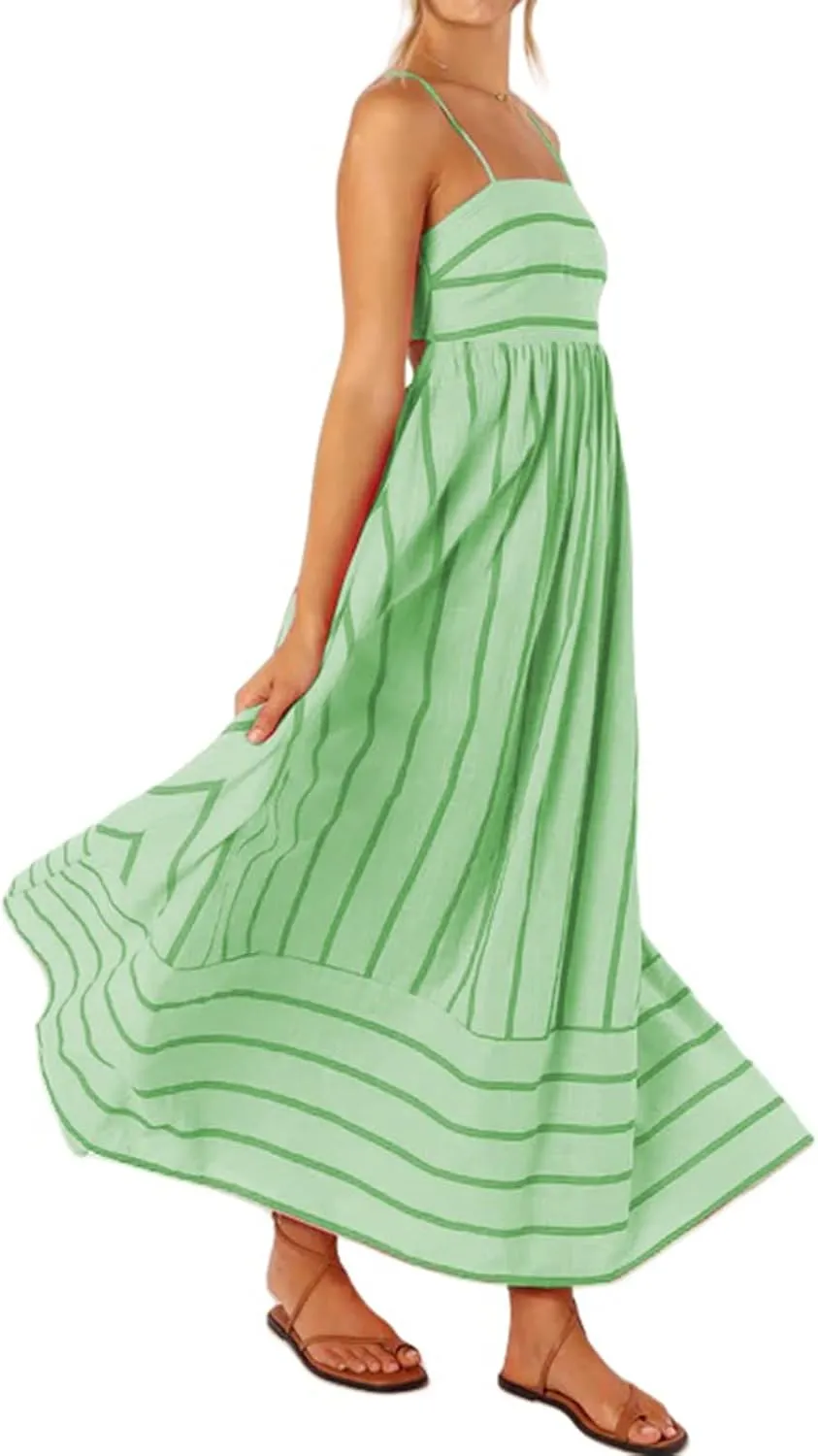 Womens Summer Striped Back Smocked Maxi Sundresses Sleeveless Suspender Swing Casual Bohemian Dress