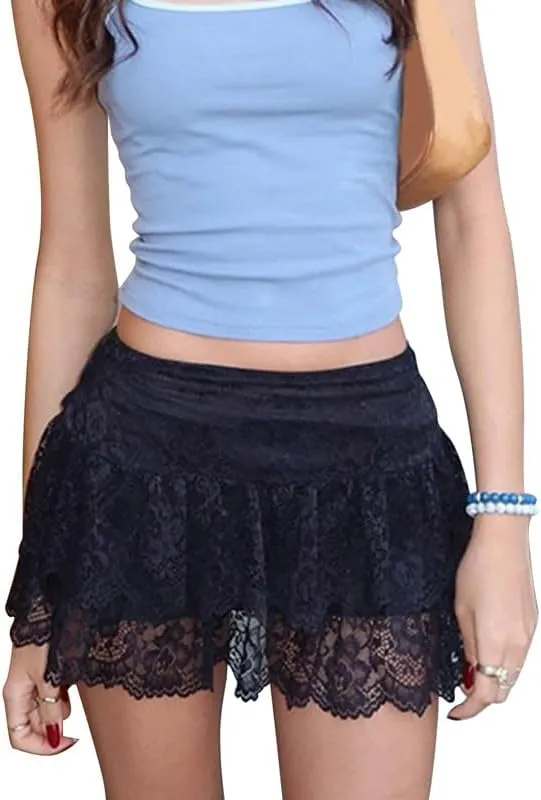 Y2k Ruffle Mini Skirt for Women Lace Hem Low Rise Pleated Short Skirt Fairy A-line Tiered Flowy Skirt Streetwear